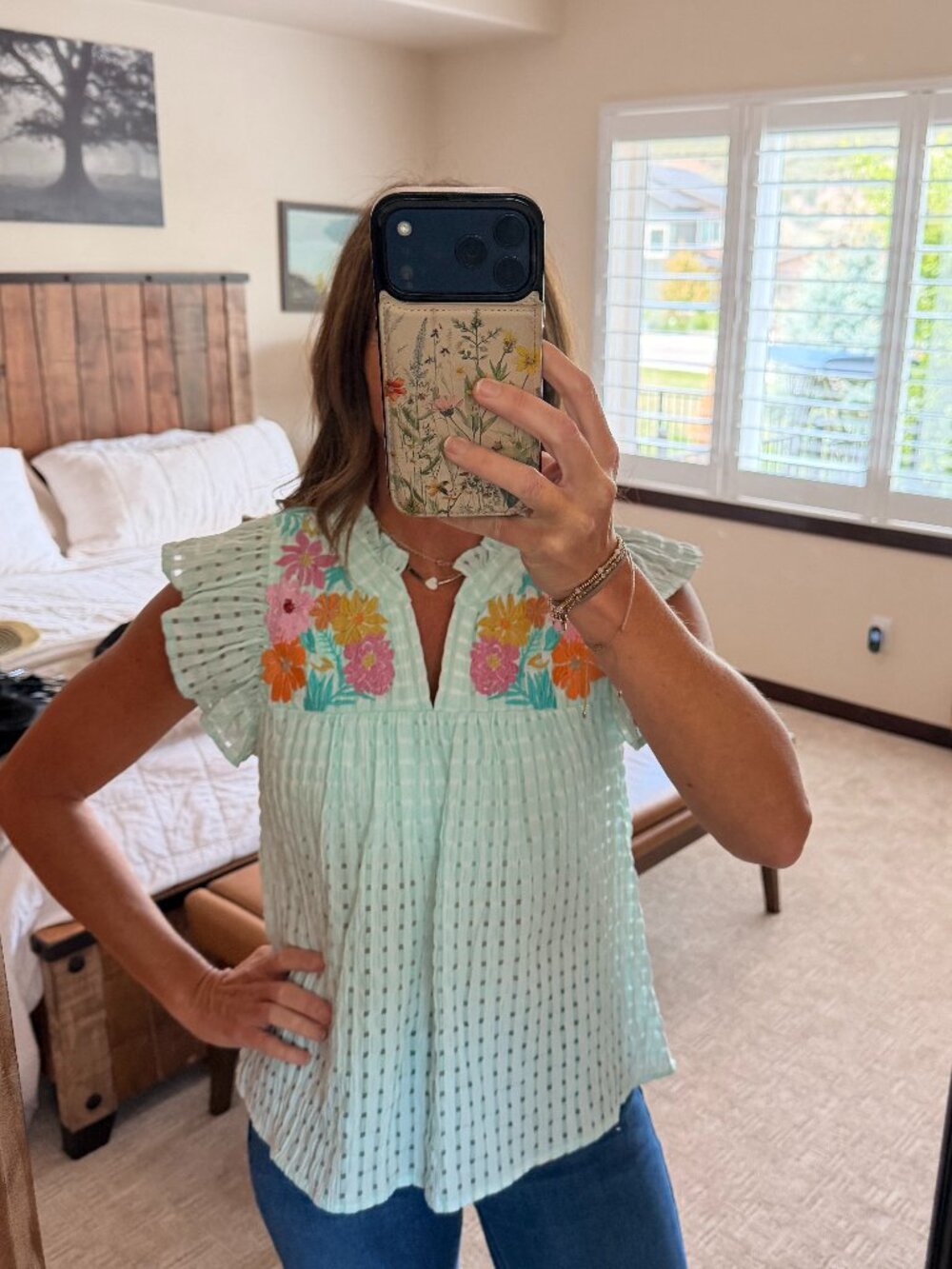 THML Summer Flowy Top with Flower embroidered detail